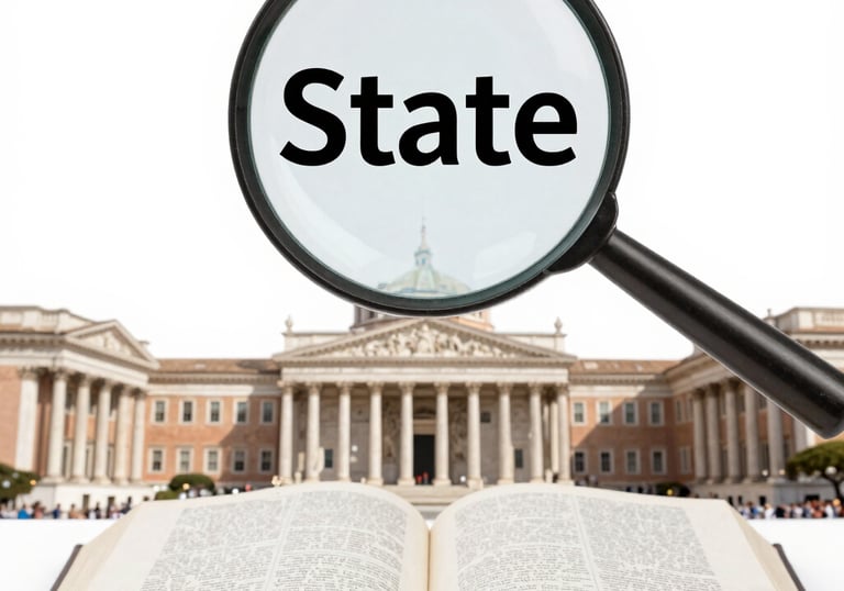 Libro abierto con edificio gubernamental y lupa con palabra State derecho administrativo