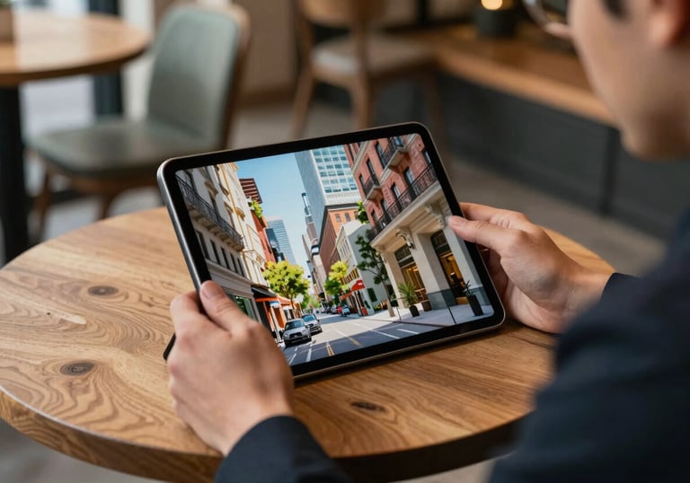 A lifestyle shot of a professional looking at a tablet showing a vibrant architectural render. The setting is a chic urban cafe in North America with natural textures and a premium feel.