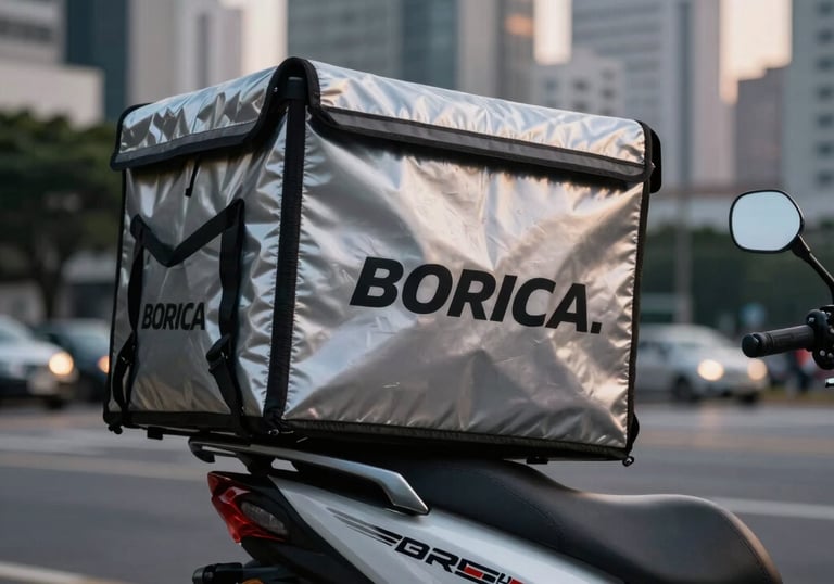 Close-up of a high-speed delivery box on a motorcycle, parked in a Brazilian business district at dusk, sharp focus, professional style.