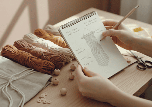 libreta con boceto de un diseño de tejido, al fondo hilos de diferentes colores para hacer pruebas