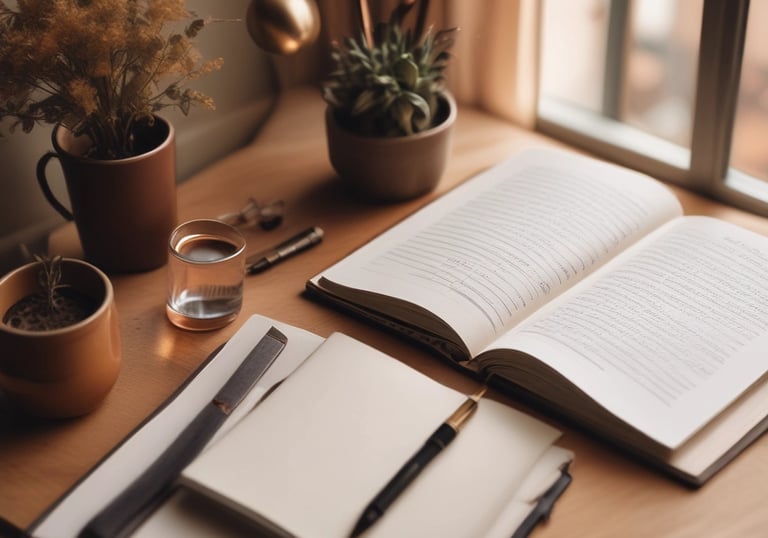 A cozy writing nook with a notebook, pen, and warm light inviting creativity.