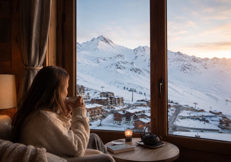 Woman enjoying a cozy alpine morning with mountain views during a Val Thorens alpine stay