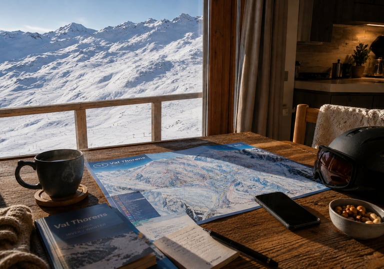 Val Thorens alpine stay with mountain view and cozy ski planning setup.