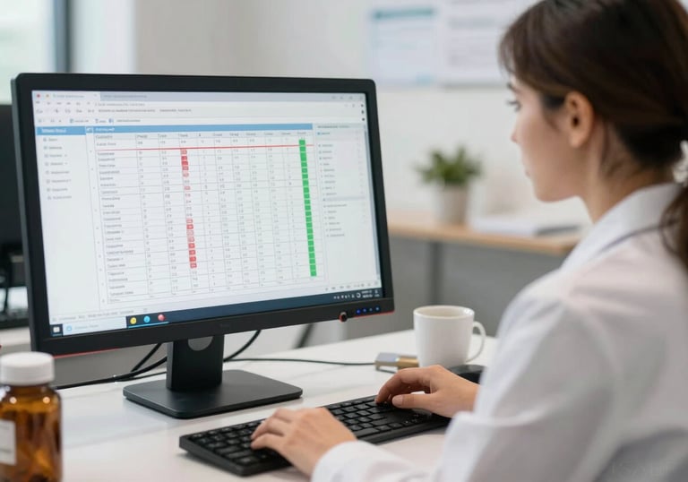 A nutritionist in a North American / Canadian office reviewing metabolic trends on a sleek monitor.