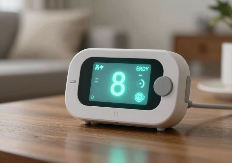 A close-up of a modern health monitoring device in a North American / Canadian home setting, glowing with soft misty teal light.