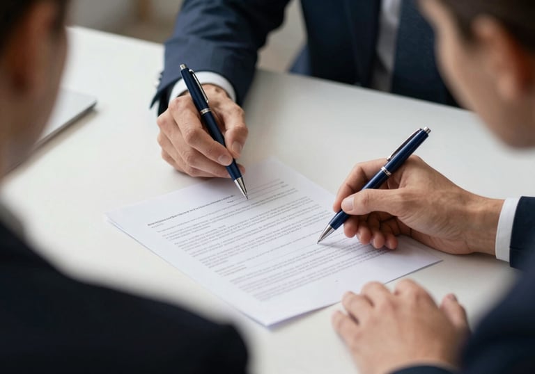 A close-up of two people looking at a document together on a clean white table, with deep midnight blue pens and a professional atmosphere.