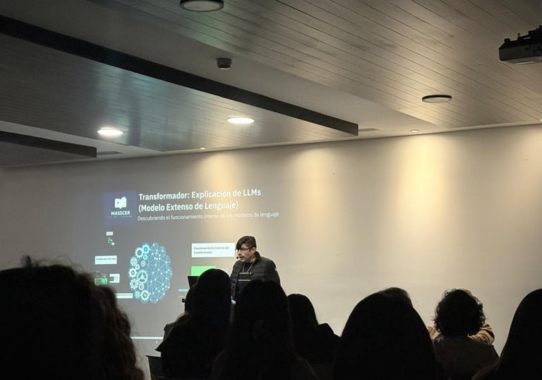 A speaker presents a seminar on Large Language Models and AI transformers to a seated audience.