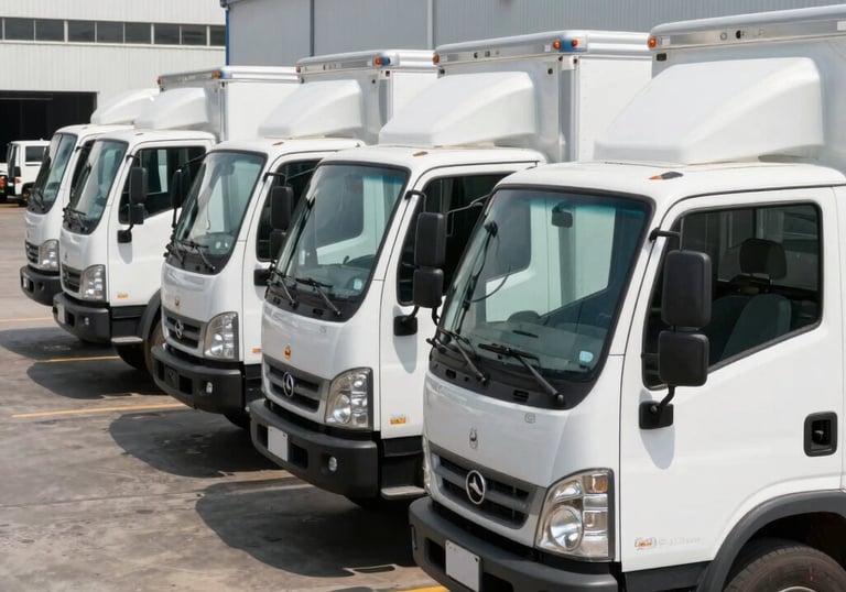 A fleet of clean, white delivery trucks lined up at a South American industrial logistics center, bright daylight, professional corporate photography style.