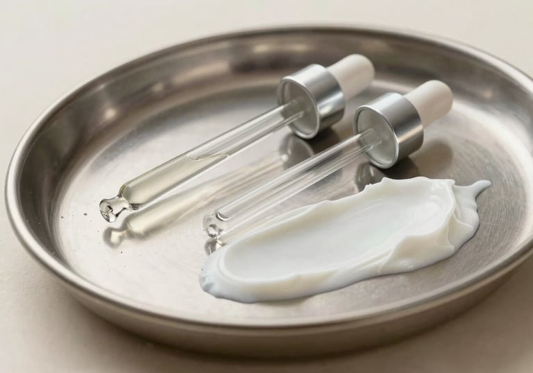 Clinical still life photography featuring a stainless steel tray with glass droppers and neutral white cream samples. The atmosphere is clinical and premium, with an off-white ivory and deep charcoal palette.