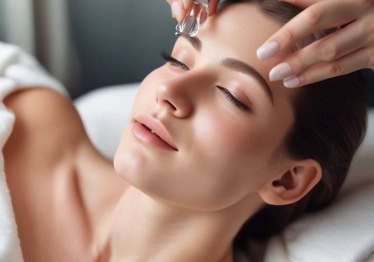 A peaceful facial treatment being done in a bright, cozy corner of qbsalon.pk with plants and natural light.