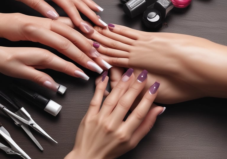 Manicure and pedicure session featuring soft, earthy polish colors in a modern salon setting.