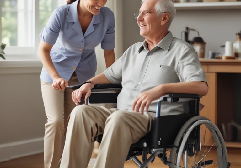 A friendly caregiver chatting warmly with an elderly woman in a cozy living room.