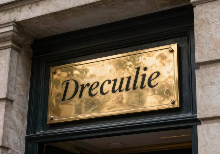 A sharp, high-contrast photograph of the entrance of a prestigious Parisian building, focusing on a brass plaque with elegant typography, daytime.