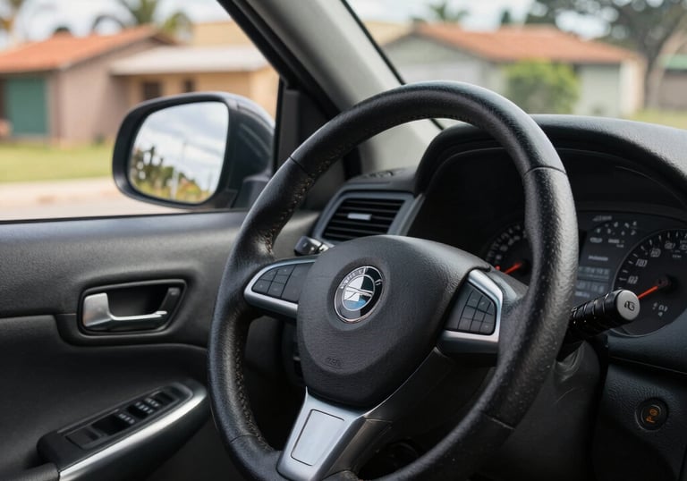 A detail shot of a car&amp;#x27;s dashboard and steering wheel on a sunny day in a South American suburb, representing the freedom of driving safely.