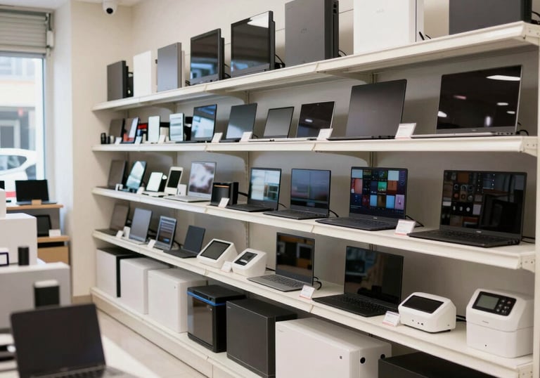 Shelves stocked with diverse retail electronic products in a bright, welcoming store.