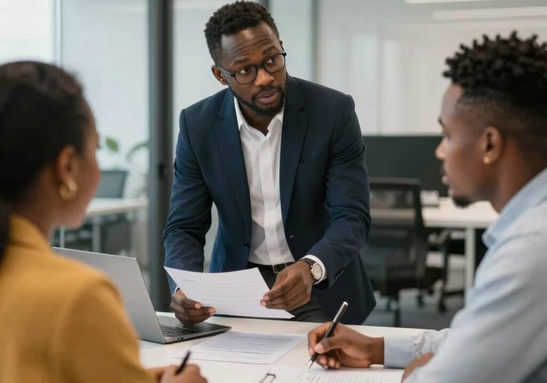 A professional consultant discussing plans with a client in a modern office.