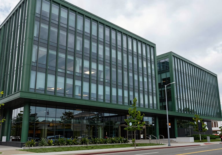 A wide-angle view of a professional North American / European world-class corporate headquarters with modern glass architecture and matte forest green elements.