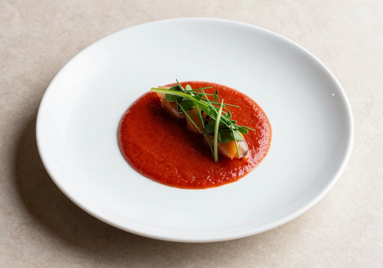 A minimalist plating of a modern dish in a North American / US restaurant. White ceramic plate, vivid red sauce, and fresh herbs. Crisp Parchment background, top-down photography.