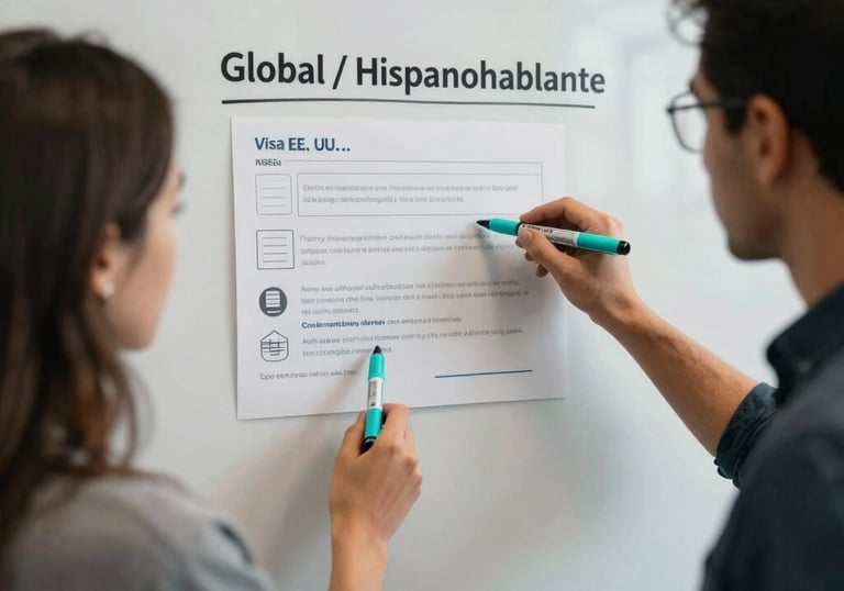 Photography of a creative team planning visa application strategies on a whiteboard, turquoise markers, collaborative office environment, Global / Hispanohablante con enfoque en EE. UU.