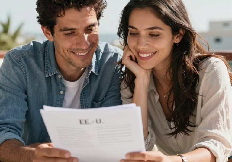 Photography of a smiling couple looking at documents together on a bright terrace, feeling relieved and happy, Global / Hispanohablante con enfoque en EE. UU.