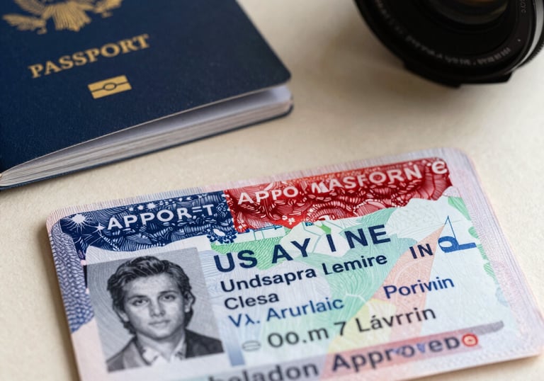 Close-up photography of an approved US visa in a passport, clean aesthetic, turquoise and beige desk background, bright light, professional style.