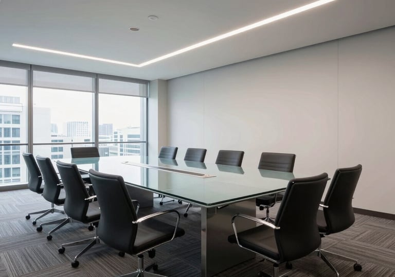 A wide shot of a modern, clean corporate conference room in a US office building, with polished glass tables and perfectly vacuumed carpets.