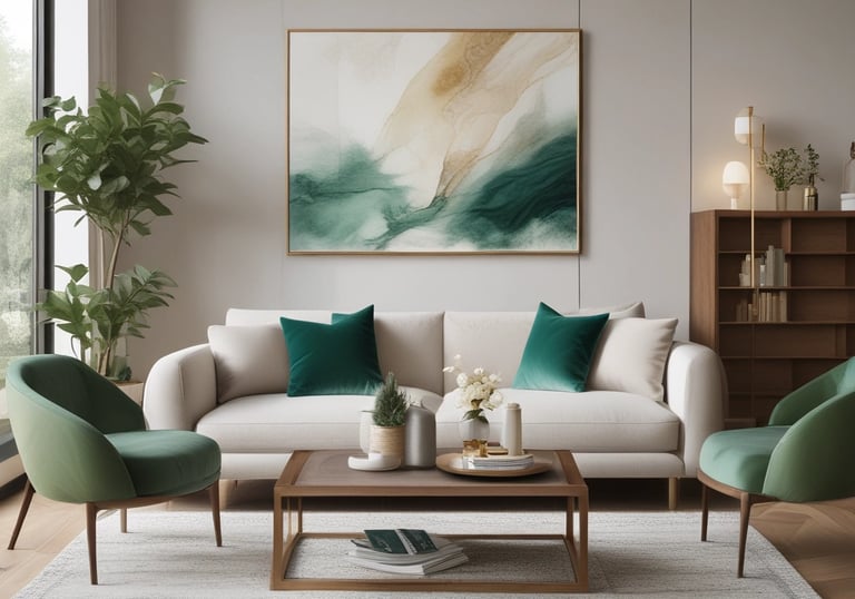 Close-up of hands arranging a bouquet of emerald green leaves and delicate flowers.
