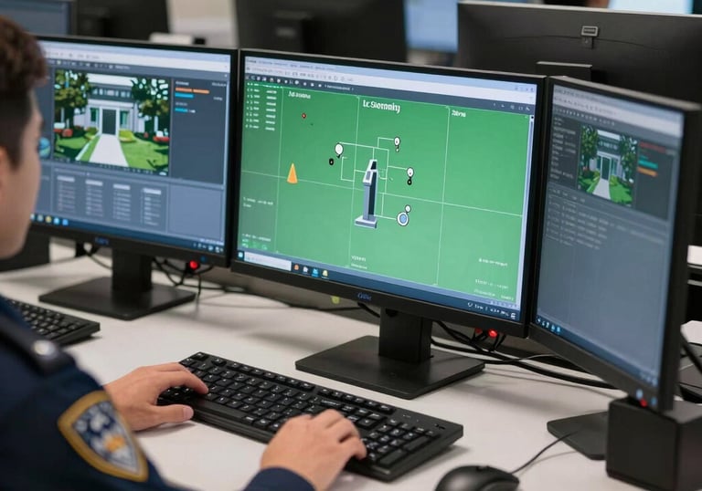 A clean, organized security operations center desk in a US office with monitors showing green building analytics and entryway statuses. Sharp focus, professional lighting.