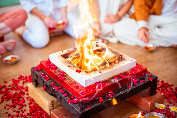 Sacred Agni Hotra fire ceremony with red rose petals and people sitting in meditation.