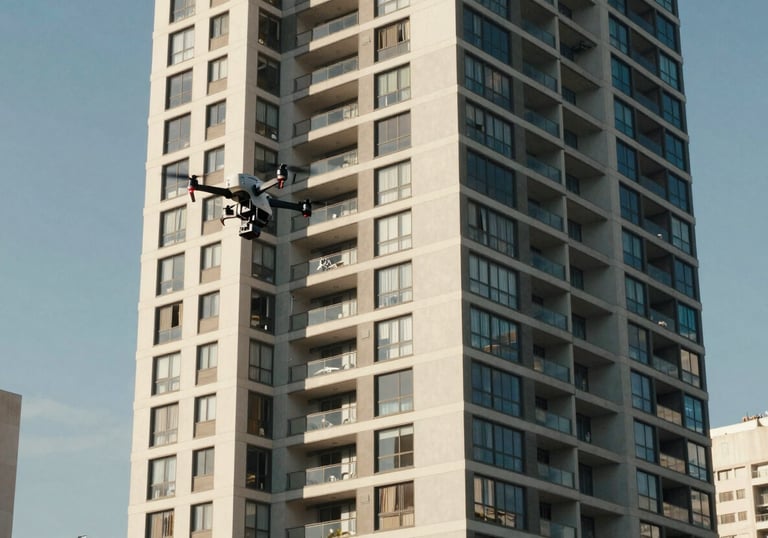 Professional architectural drone hovering near the facade of a modern luxury residential tower in a South American city, clear daylight, technical inspection context.