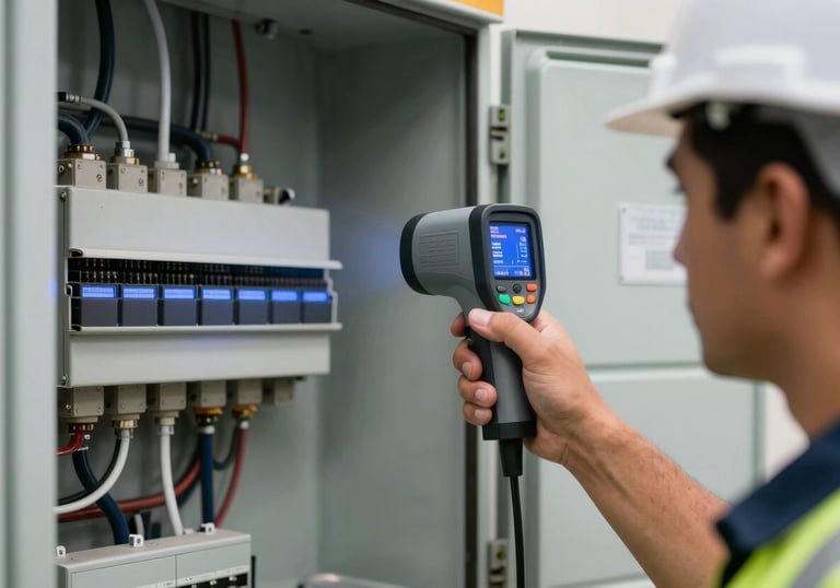 Close-up of a professional engineer using a high-precision thermal imaging camera to inspect a building's electrical panel, South American setting, technical and focused.