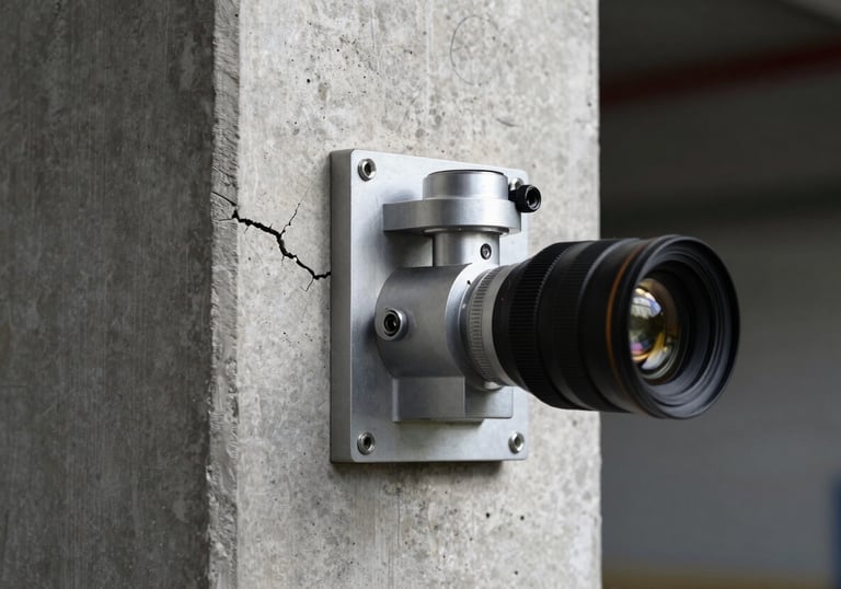 Macro photography of a high-precision crack monitor mounted on a structural concrete pillar, showcasing technical detail and engineering accuracy.