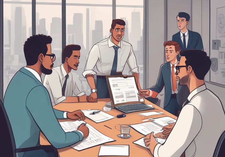 Creative brainstorming session with charts and influencer profiles in a bright meeting room.