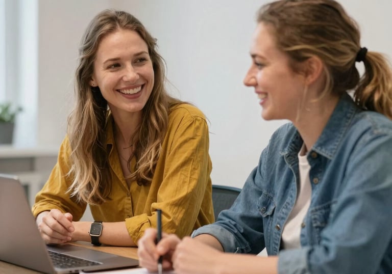 A woman confidently presenting ideas in a sunlit creative workspace.