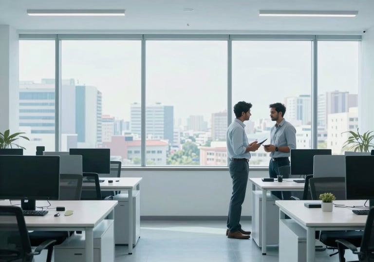 A minimalist, wide shot of a modern Indian office workspace in light blue and white. Two South Asian / Indian professionals are seen in the distance, collaborating near a large window overlooking a urban cityscape. The atmosphere is professional and calm.