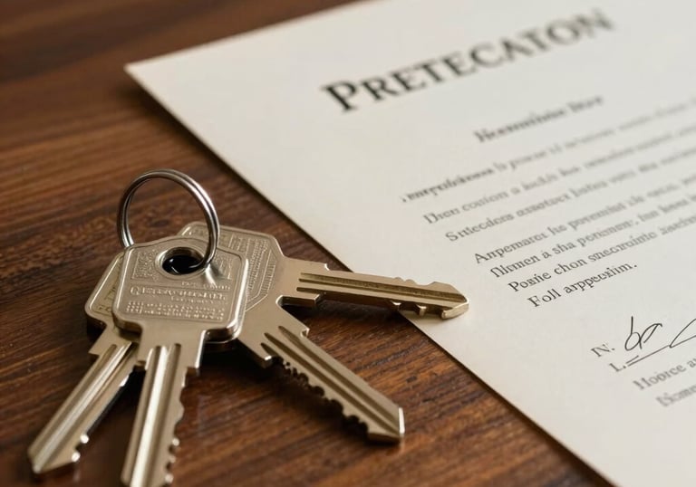 A detailed shot of a set of house keys resting on a polished wooden surface next to a formal legal deed, symbolizing asset protection.