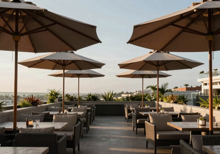 An elegant South American hotel rooftop lounge featuring multiple matching ombrelones in a symmetrical composition during the afternoon.