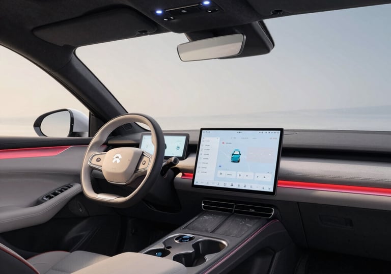 Interior de carro elétrico chinês com tela central, painel digital e iluminação ambiente vermelha