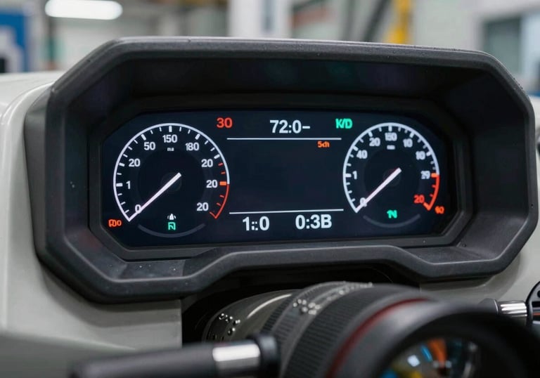 Modern machinery dashboard showing fuel efficiency and performance metrics, high-tech and professional industrial style.