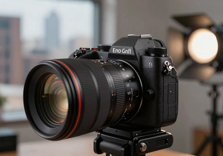 A close-up of high-end camera equipment and lighting in a professional photography studio located in a North American city.