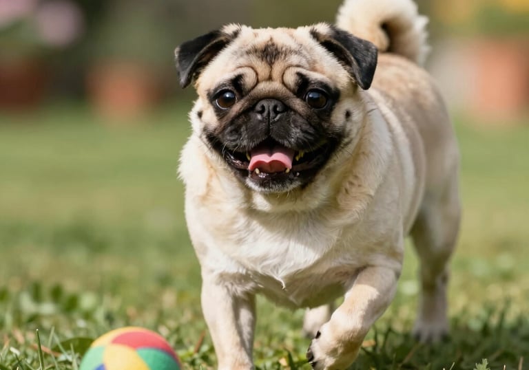 A joyful pug chasing a colorful ball in a sunny backyard.