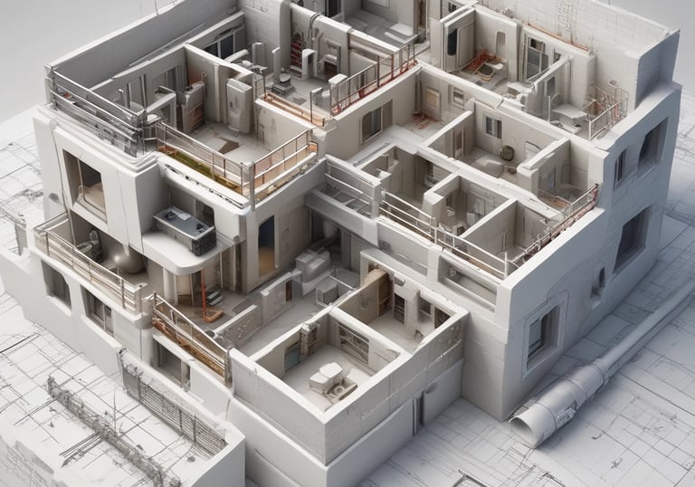 Aerial view of a residential complex with multiple identical buildings arranged in a geometric pattern. The structures are surrounded by paved areas and green spaces with dense vegetation beyond the walled perimeter. Adjacent to the complex are scattered houses and buildings in a suburban area.