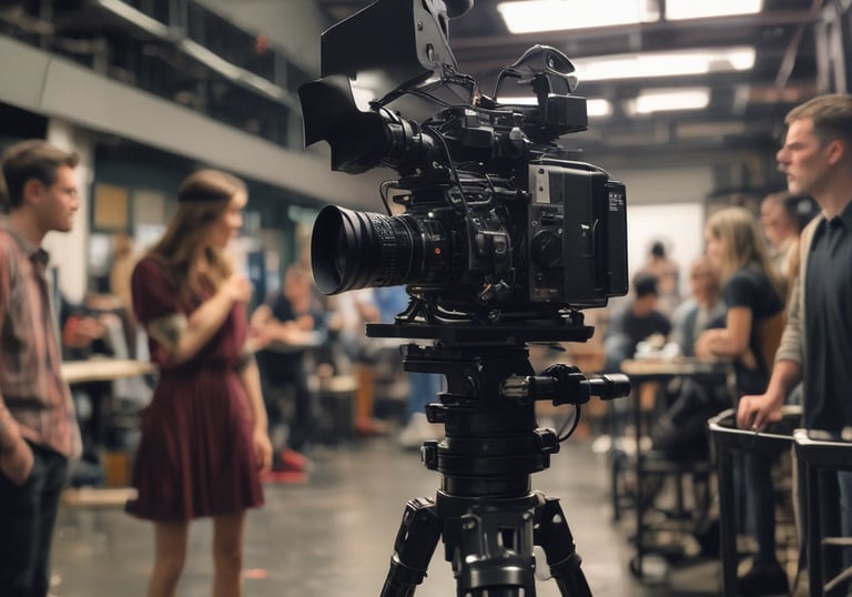 A group of people working on a film set with various equipment such as cameras and lights. Some individuals are engaged in conversation, while others focus on operating equipment. The setting appears indoors, and the mood is collaborative.