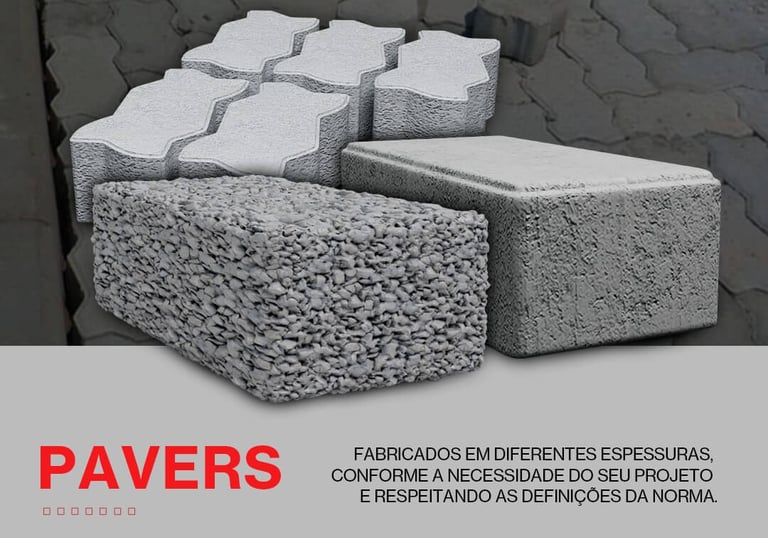 Diferentes modelos e espessuras de pavers e blocos de concreto intertravados para pavimentação 