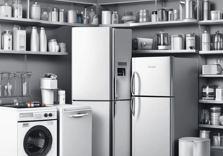 An oven with large silver knobs is partially covered with a purple towel hanging over its handle. There is a white appliance with attached cables on the left, possibly an electric kettle or air purifier, resting on a countertop.