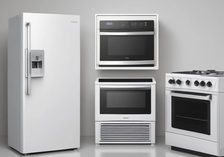 A showroom displaying a variety of air conditioners neatly arranged on two walls. Each unit is placed on shelves with price tags and brand logos visible. The floor is polished and the ceiling has fluorescent lighting.