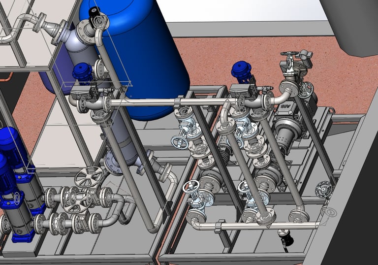 A 3D CAD model showing industrial water pumps, blue pressure tanks, and steel piping systems.