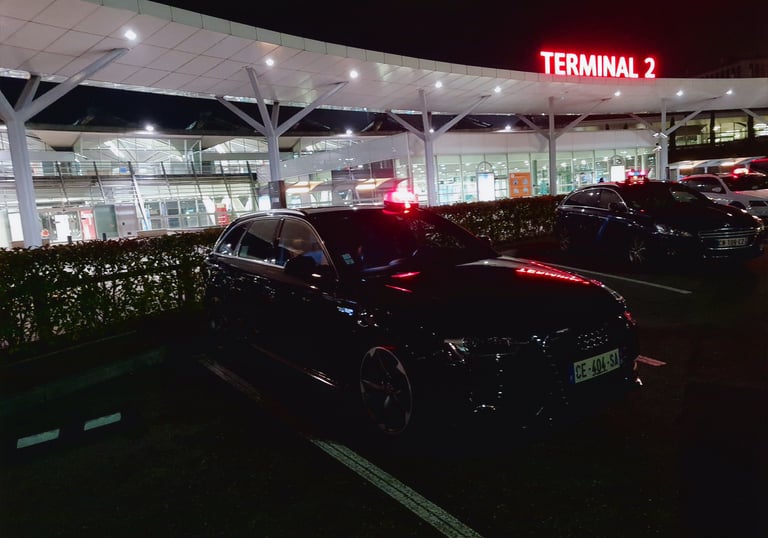 Véhicule TAXI TIME garé devant l'Aéroport de Lyon-Saint-Exupéry