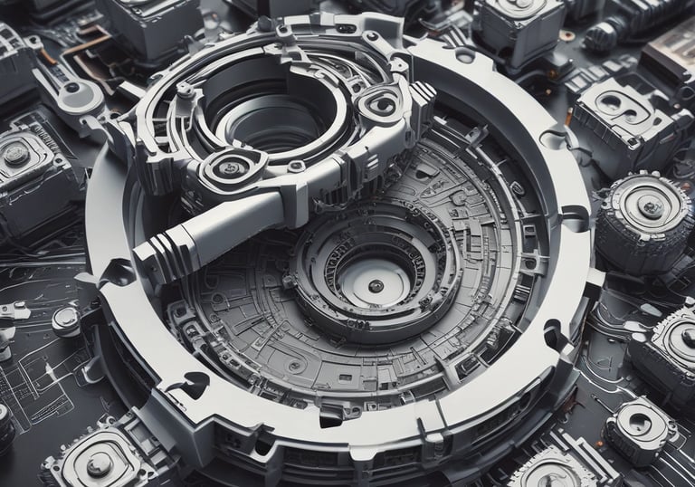 A detailed view of an industrial mechanical system, featuring metallic components such as pipes, valves, and bolts arranged in a complex structure. The surface of the metal parts is marked with technical inscriptions and a few spots of rust. Wires and connectors run alongside the metal parts, suggesting functionality related to machinery or engineering.