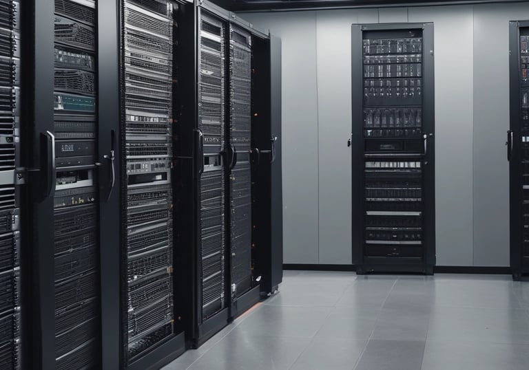 A man is seated at a table, working on a laptop in front of a bright yellow wall. The wall has a large collection of words related to technology, such as 'Information Technology' and 'Data'. A chair with a striped design is partially visible, and a notebook and phone rest on the table.